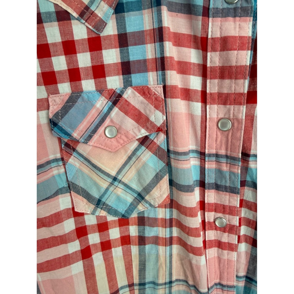 Wrangler Western Plaid Pearl Snap Down Shirt Women M Pink Blue Americana Cowgirl - Picture 4 of 7